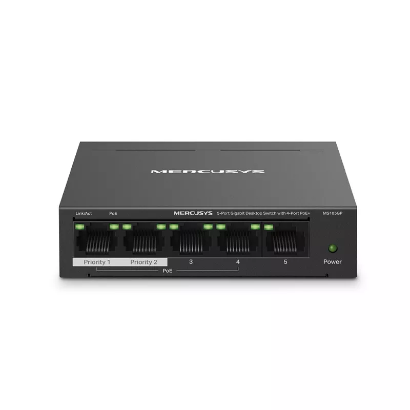 Comutator de retea MERCURY MERCUSYS MS105GP, 5-Port Gigabit Desktop PoE Switch, 5 Gigabit RJ45 ports including 4 PoE ports, PoE Power Budget: 65 W
