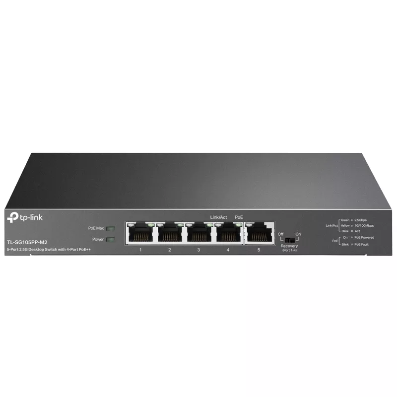 Коммутатор сетевой TP-LINK .5-port 2.5G Switch TP-LINK "TL-SG105PP-M2", with 4-Port PoE++, steel case, 123W Budget
