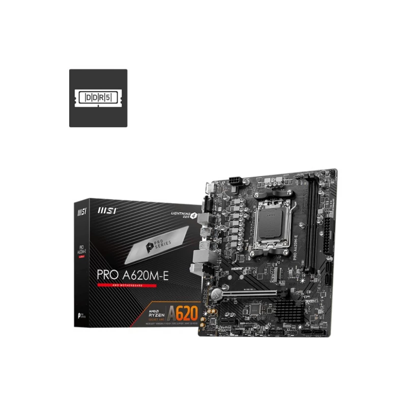 Placa de baza MSI MSI PRO A620M-E, Socket AM5, 15Phases, AMD B650, Dual 2xDDR5-6800, APU AMD graphics, 1xVGA, 1xHDMI, 1xPCIe4.0 X16, 4xSATA3, RAID, 1xM.2PCIe 4.0, 1xPCIeX1, ALC897 7.1 HDA, 1xGbE LAN, 6xUSB3.2, RGB Led, mATX
