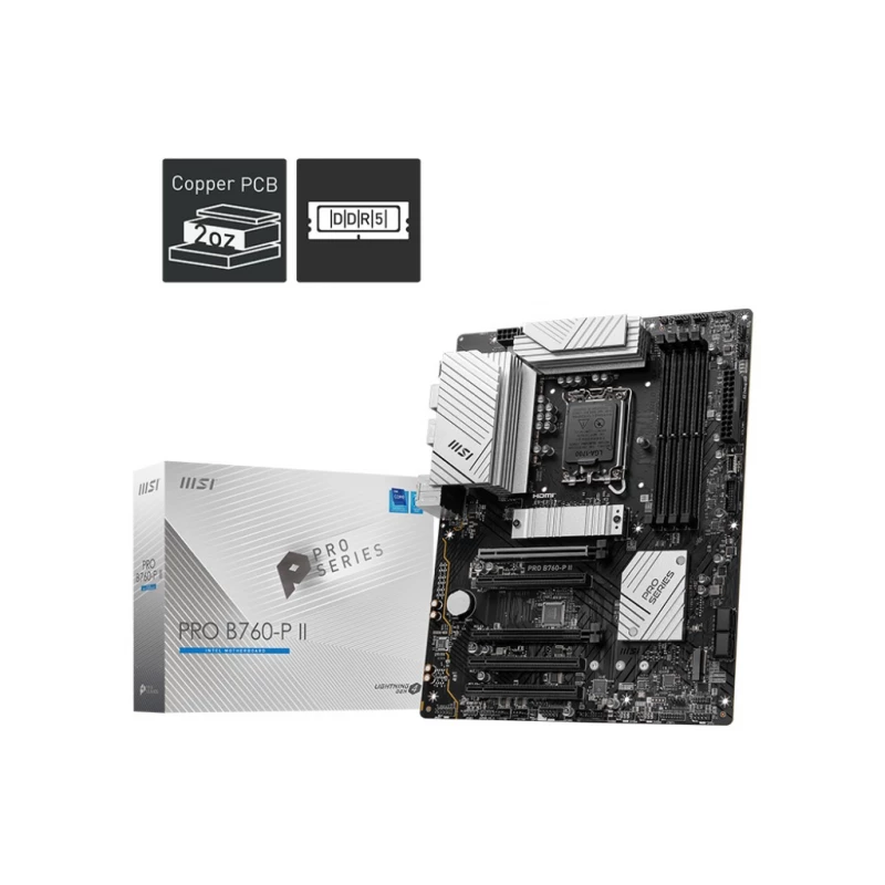 Placa de baza MSI PRO B760-P II, SOCKET 1700, 13PHASES, INTEL® B760 (14/13/12TH GEN CPU), CPU GRAPHICS, HDMI, DP, DUAL 4XDDR5-7000, 5XPCIE X16 4.0, 4XSATA3, RAID, 2XM.2 4.0, 1XM.2 4.0, ALC897 7.1 HDA/SPDIF, 2.5GBE LAN, 1XUSB-C 3.2GEN2, 7XUSB3.2(1C+6A), MISTYC LIGH
