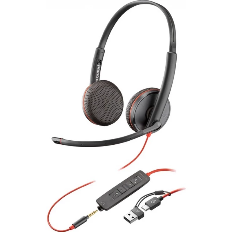 Casti cu fir si microfon Poly BLACKWIRE 3225 STEREO USB-C HEADSET +3.5MM PLUG +USB-C/A ADAPTER (BULK), MICROPHONE NOISE-CANCELING, SOUNDGUARD, DSP, RECEIVE OUTPUT FROM 20 HZ–20 KHZ, MICROPHONE 100 HZ–10 KHZ, CALL ANSWER/IGNORE/END/HOLD, REDIAL, MUTE, VOLUME +/-, OEM, CABLE L