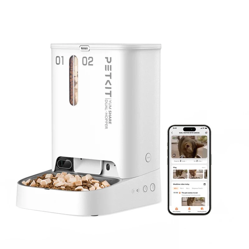 Кормушка для животных Petkit YUMSHARE DUAL-HOPPER SMART PET FEEDER WITH CAMERA, WI-FI AND BLUETOOTH CONNECTION, 304 STAINLESS STEEL, CAPACITY: 5L(2.5KG), PERSONLIZED MEAL CALL/VOICE CALL, NORMAL DRY FOOD, FREEZE DRIED FOOD, APP CONTROL, EMERGENCY POWER SUPPLY 60 DAYS, SIZ