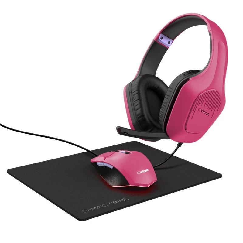 Игровые наушники TRUST Trust Tridox 3-IN-1 GAMING BUNDLE GXT 790 - Zirox lightweight headset, Felox illuminated mouse, and mousepad, Pink