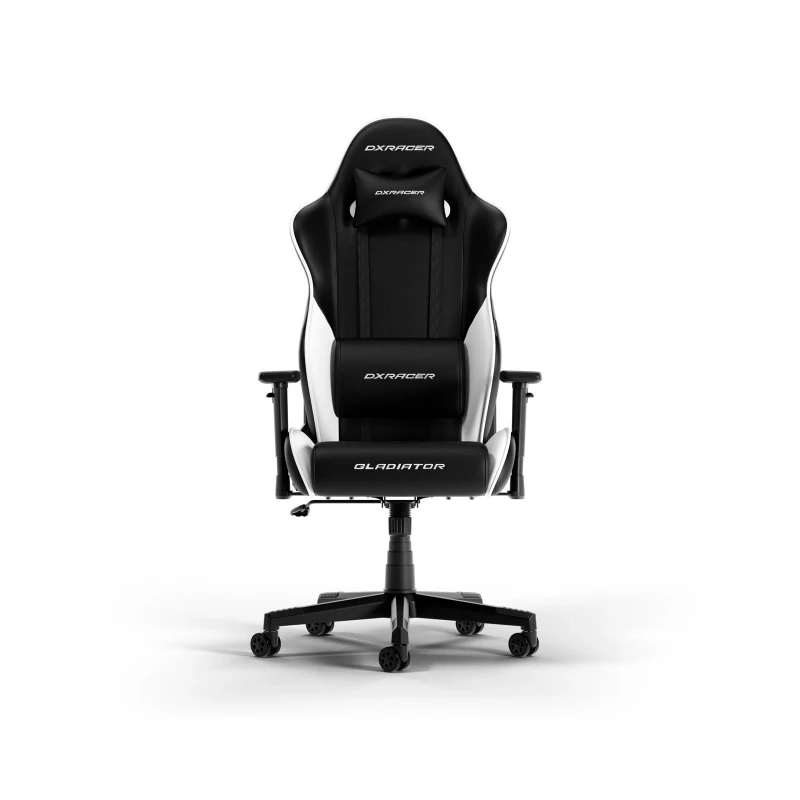 Fotoliu Gaming DXRacer GAMING/OFFICE CHAIR  GLADIATOR-L-N23-LTC-NW-X1, BLACK/WHITE, GASLIFT CLASS 4, PREMIUM PVC LEATHER, MAX WEIGHT UP TO 150KG / HEIGHT 180-200CM, FULL TILT, RECLINE 90°-135°, 3D ARMRESTS, HEADREST AND LUMBAR CUSHIONS, 6 CM PU CASTER, W-22,15 KG