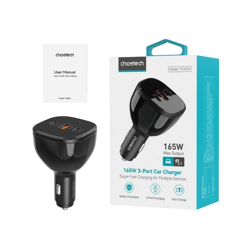 Incarcator masina Choetech CAR CHARGER  165W DUAL USB-C AND SINGLE USB-A, BLACK