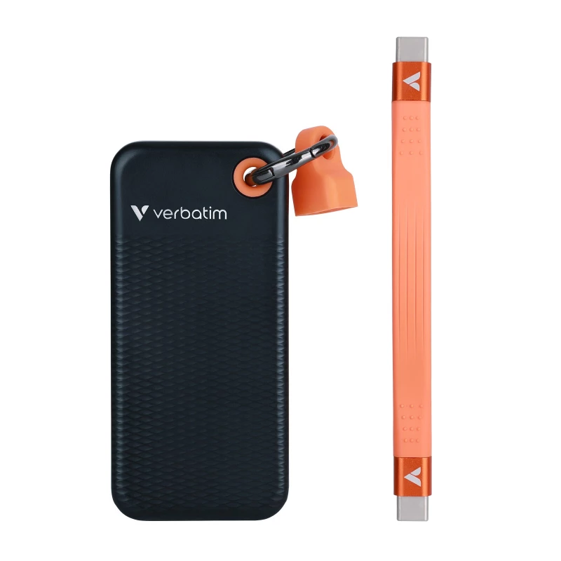 Hard disk extern VERBATIM M.2 EXTERNAL SSD 2.0TB  POCKET USB 3.2 GEN 2, BLACK/ORANGE, USB-C, SEQUENTIAL READ/WRITE: UP TO 1000/1000 MB/S, WINDOWS®, MAC, KEYRING AND CABLE HOLDER, PORTABLE, COMPACT, RUGGED AND PERFECT FOR TRAVEL, ULTRA-LIGHTWEIGHT, CLOTH BAG, NERO BAC