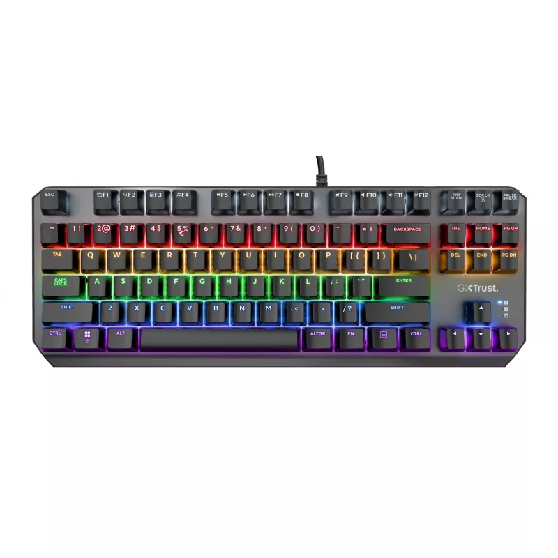 Gaming keyboard TRUST GAMING GXT 834 CALLAZ TKL MECHANICAL COMPACT METAL TOP PLATE KEYBOARD,OUTEMU LINEAR MECHANICAL RED SWITCHES, MULTICOLOUR LED ILLUMINATION, 87 KEYS, 50 MILLION KEY PRESSES, US, 1.8M, USB, BLACK