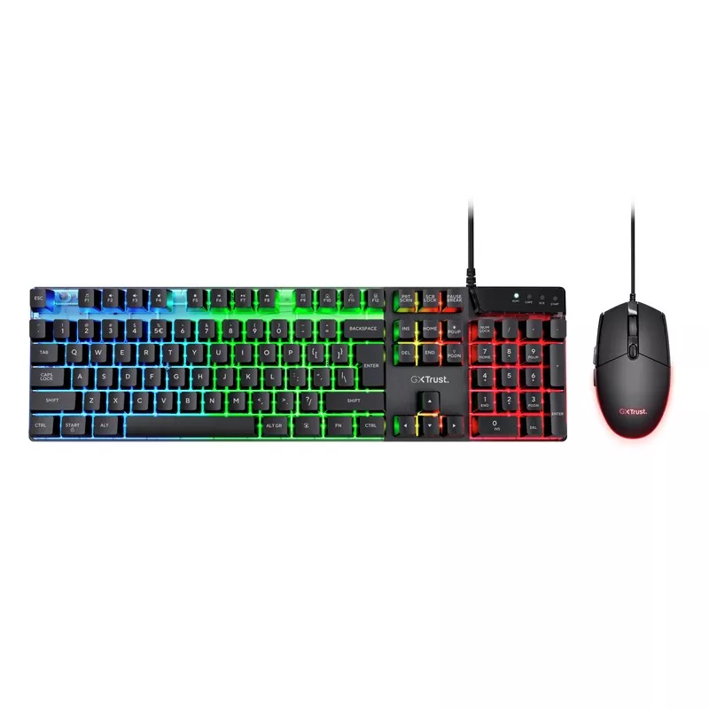 Gaming keyboard TRUST GAMING COMBO GXT 838 AZOR KEYBOARD & MOUSE, MULTICOLOUR LED LIGHTING (RGB), KEYBOARD: 12 MULTIMEDIA FUNCTION KEYS, ANTI-GHOSTING, 3 COMBINED LED COLOR ; MOUSE:800/3000 DPI, 6 BUTTON, USB, US, BLACK