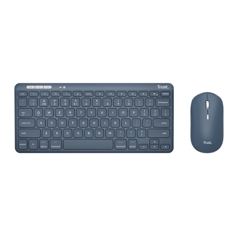 Комплект (клавиатура+мышь) TRUST LYRA MULTI-DEVICE COMPACT WIRELESS KEYBOARD AND MOUSE SET, RF 2.4GHZ, BLUETOOTH, 800-1600 DPI, SILENT CLICK, FN KEYS, USB-A, USB-C, RECHARGEABLE BATTERY, 301G, US, BLUE