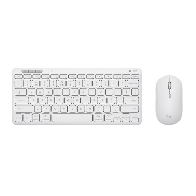 Комплект (клавиатура+мышь) TRUST LYRA MULTI-DEVICE COMPACT WIRELESS KEYBOARD AND MOUSE SET, RF 2.4GHZ, BLUETOOTH, 800-1600 DPI, SILENT CLICK, FN KEYS, USB-A, USB-C, RECHARGEABLE BATTERY, 301G, US, WHITE