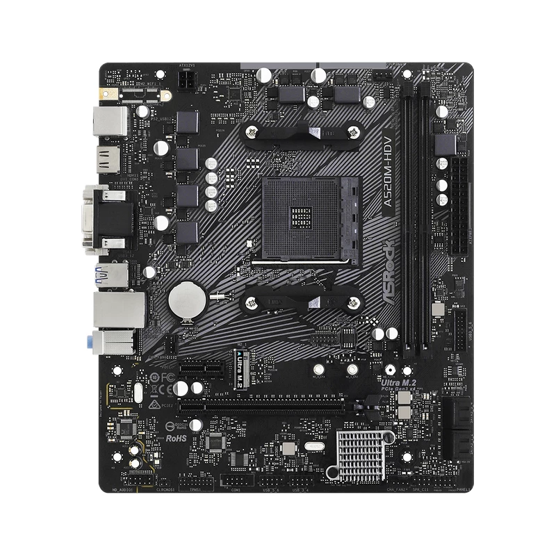 Placa de baza ASROCK ASRock A520M-HDV, Socket AM4, 6 Phase, AMD A520 (3/3G/4G/5/5G Gen CPU), CPU graphics, D-Sub, HDMI, 1xDVI-D, Dual 2xDDR4-4600, 1xPCIe x16 3.0, 1xPCIe x1 3.0, 4 xSATA3, RAID, 1 x Ultra M.2(Gen3 x4 & SATA3), 1 x RJ-45 LAN, 2xUSB 2.0, 4xUSB 3.2 Gen1, mA