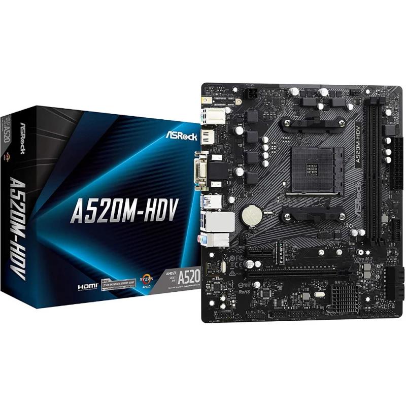 Материнская плата ASROCK ASRock A520M-HVS, Socket AM4, AMD A520 (3/3G/4G/5/5G Gen CPU), CPU graphics, D-Sub, HDMI, Dual 2xDDR4-4600, 1xPCIe x16 3.0, 1xPCIe x1 3.0, 4 xSATA3, RAID, 1 x Ultra M.2(Gen3 x4 & SATA3), 1 x RJ-45 LAN, 2xUSB 2.0, 4xUSB 3.2 Gen1, mATX