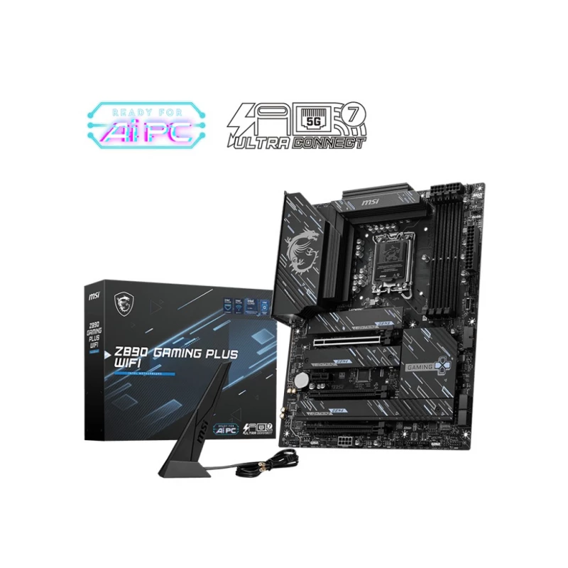 Placa de baza MSI Z890 GAMING PLUS WIFI, LGA1851, 17Phases, Intel® Z890 (Ultra 2 Series CPU), CPU graphics, HDMI, DP, Dual 4xDDR5-9200, 3xPCIe X16 5.0, 4xSATA3, RAID, 4xM.2 5.0, 1xPCIe X1, ALC897 7.1, 5GbE LAN, WiFi7/BT, 1xTB4(USB-C), 1xUSB-C 3.2Gen2x2, 2xUSB3