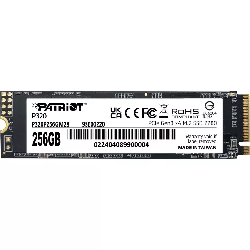 SSD PATRIOT M.2 NVMe SSD 256GB Patriot P320, Interface: PCIe3.0 x4 / NVMe 1.3, M2 Type 2280 form factor, Sequential Read 2200 MB/s, Sequential Write 1200 MB/s, Random Read 290K IOPS, Random Write 260K IOPS, Thermal throttling, E-to-E Data path protection, TBW: 1