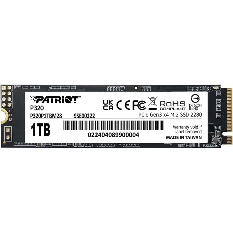 SSD PATRIOT M.2 NVMe SSD 1.0TB Patriot P320, Interface: PCIe3.0 x4 / NVMe 1.3, M2 Type 2280 form factor, Sequential Read 3000 MB/s, Sequential Write 2200 MB/s, Random Read 290K IOPS, Random Write 260K IOPS, Thermal throttling, E-to-E Data path protection, TBW: 4