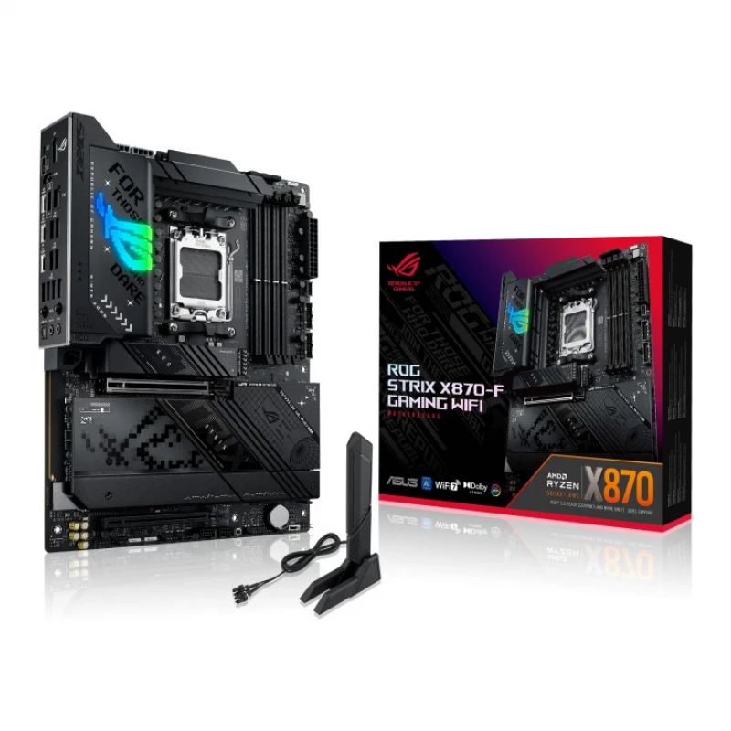 Placa de baza ASUS ASUS ROG STRIX X870-F GAMING WIFI, Socket AM5, AMD X870, 20Phases, Dual 4xDDR5-8000+, APU AMD graphics, HDMI, DP, 2xPCIe 5.0 X16, 2xSATA3, RAID, 4xM.2 PCIe 5.0, 1xPCIe x4, ALC 4080 HDA, 2.5GbE LAN, WiFi7/BT, 2xUSB4(Type-C), 1xUSB-C2x2, 6xUSB3.2 Gen2(