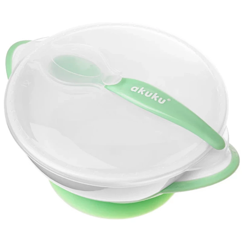 Set lingurita+furculita Akuku SET BOL CU LINGURA SI CAPAC  WHITE/GREEN (A0504)