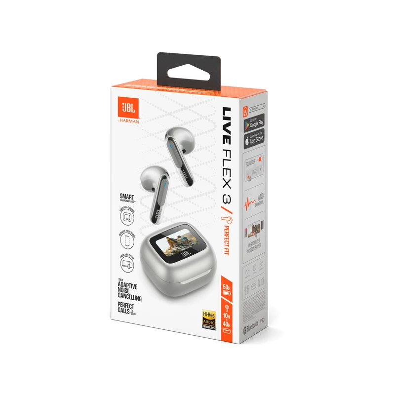 Casti cu fir si microfon JBL TRUE WIRELESS   LIVE FLEX 3 SILVER TWS TRUE ADAPTIVE NOISE CANCELLING