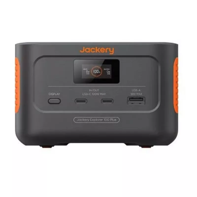 Power Station Jackery "EXPLORER 100 PLUS" MINI PORTABLE POWER STATION, CAPACITY: 99WH/31000MAH 3.2V, AC OUTPUT: 128W TOTAL, LCD, 1* USB-A, 2* USB-C, 2000 CYCLES LIFEPO4, NET WEIGHT: 0.96KG, DIMENSION: 12.6X8.6X8.7CM, CHARGE 0-100% IN 1.8 HOUR, BLACK/ORANGE