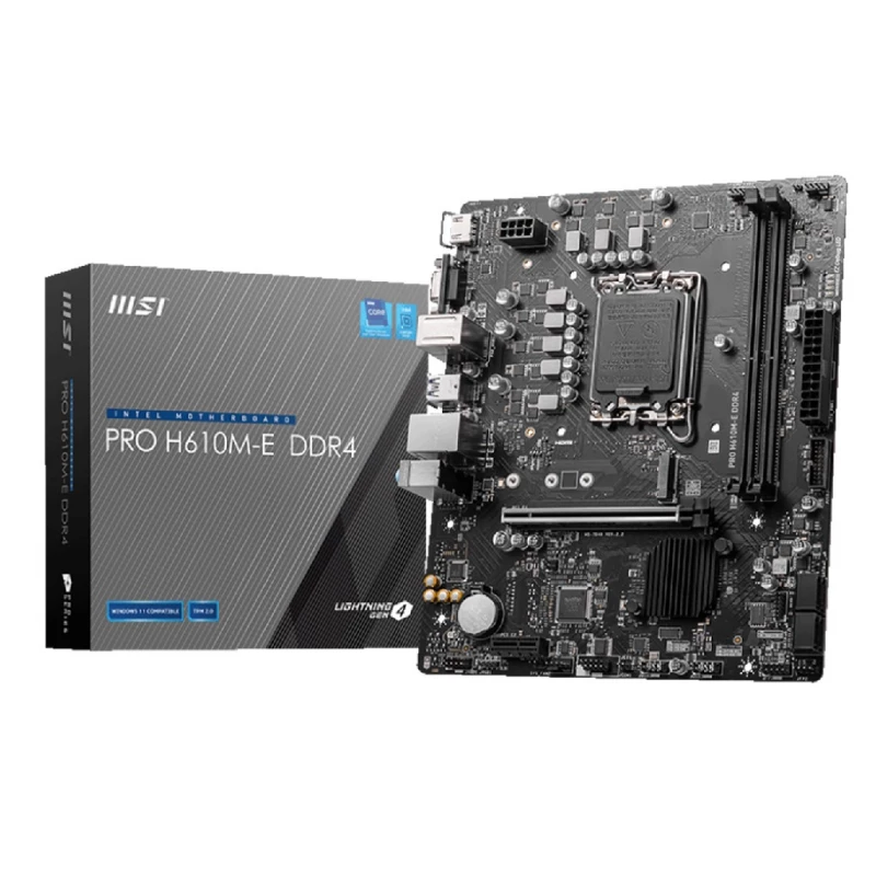 Placa de baza MSI MB MSI PRO H610M-E DDR4, Socket 1700, Intel H610 (14/13/12th Gen CPU), Dual 2xDDR4-3200, VGA, HDMI, CPU Intel graphics, 1xPCIe X16 4.0, 4xSATA3, 1xM.2, 1xPCIe X1, ALC897 7.1 HDA, 1xGbE LAN, 4xUSB3.2, RGB Led, mATX