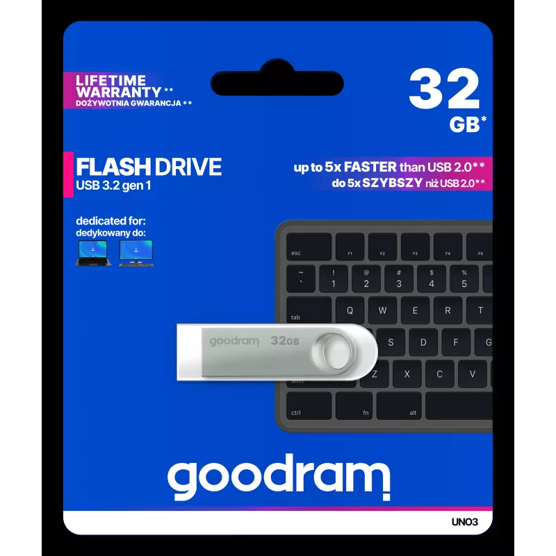 USB flash drive GOODRAM 32GB USB3.2  UNO3 METAL CASING, BUILT-IN KEYLOOP (READ 60 MBYTE/S, WRITE 20 MBYTE/S) UNO3-0320S0R11