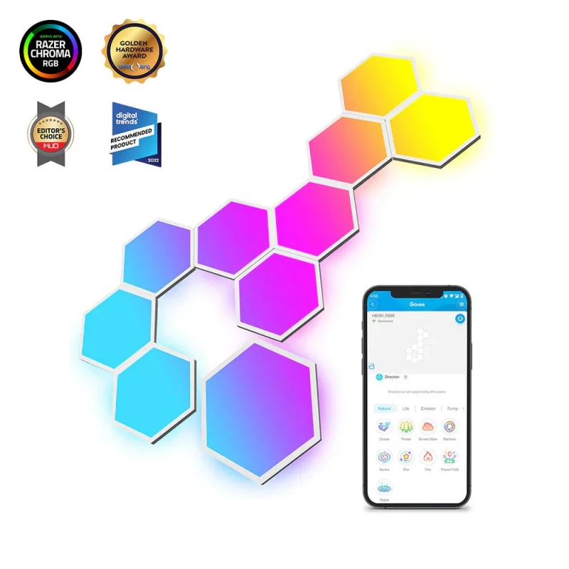 Smart lights GOVEE HEXAGONБ GLIDE HEXA LIGHT PANELS 10 PACK, Wi-Fi + BT, Multicolor, Diffused RGBIC Light Effects, No Hub Required, DIY Lighting Effects, Flexible Installation, 40 Preset Lighting Effects, Customizable Design Layout, App, Control Box, Voice