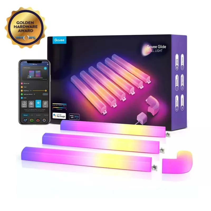 Smart lamp GOVEE WALL LAMPS GLIDE RGBIC WALL LIGHT (6+1), Wi-Fi + BT, Multicolor, Diffused RGBIC Light Effects, No Hub Required, Flexible Installation, 40+ Stunning Scene Modes & Music Modes, Customizable Design Layout, App, Control Box, Voice Control