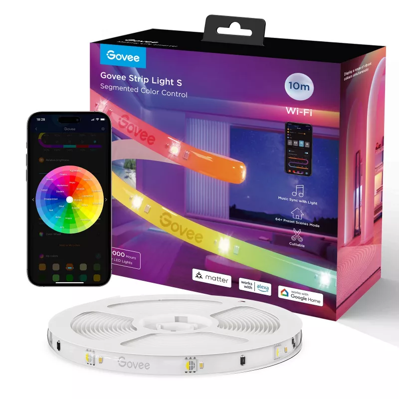 Indoor led strip GOVEE LIGHT STRIP   RGBIC S LED STRIP LIGHT 10M, PROTECTIVE COATING, SMART WI-FI LIGHT STRIP, MATTER COMPATIBLE, MULTICOLOR, ZONAL COLOR CONTROL, APP, VOICE CONTROL, NO HUB REQUIRED, 3M PEEL-AND-STICK, FLEXIBLE INSTALLATION, CUTTABLE, 11 MUSIC MODES,