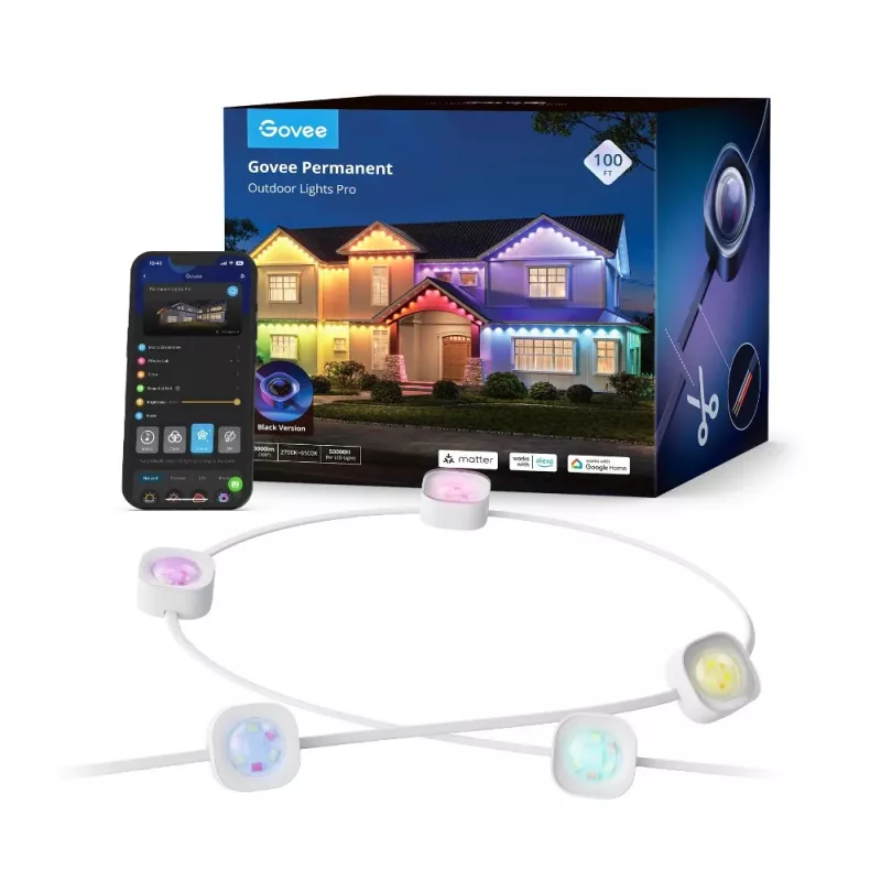
Умный наружный светильник GOVEE RGBICW PERMANENT OUTDOOR LIGHTS 2 30M, 72 Lights, Wi-Fi + BT, App, Matter Compatible, DIY Mode, Multicolor + Extra White LEDs, Multiple Scene Modes, Waterproof - Outdoor Lights: IP67 / Power Adapter: IP65 / Control Box: IP65