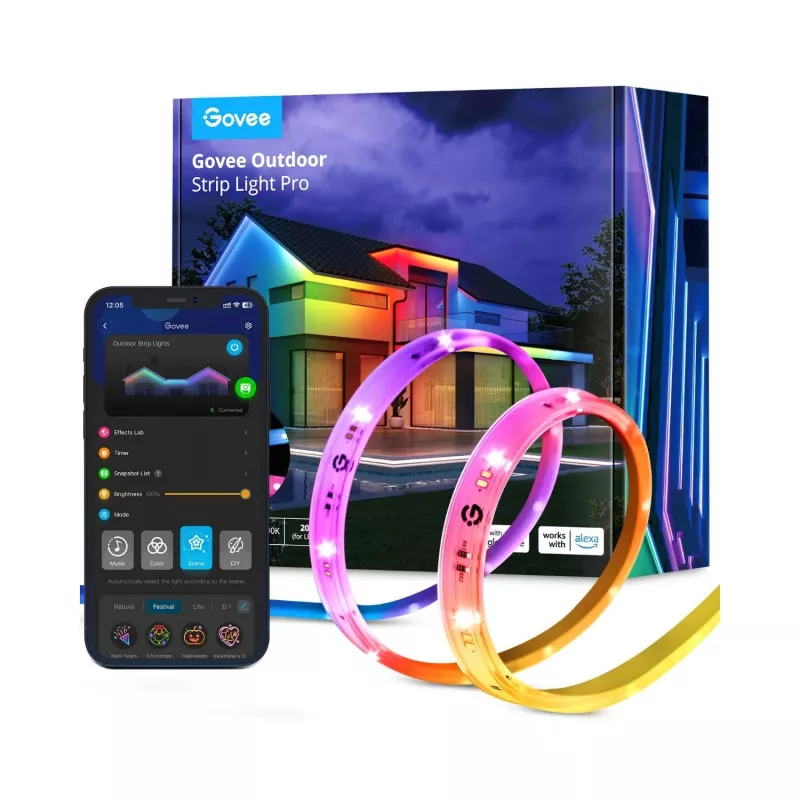 
Умный наружный светильник GOVEE RGBICWW OUTDOOR STRIP LIGHT PRO 10M, Wi-Fi + BT, App, Multicolor + 2 Extra White LEDs, DIY Mode, Timer + Schedule, Music Modes, Waterproof - Strip Light: IP65; Control Box: IP65; Adapter: IP44, Voice Control, No Hub Requir