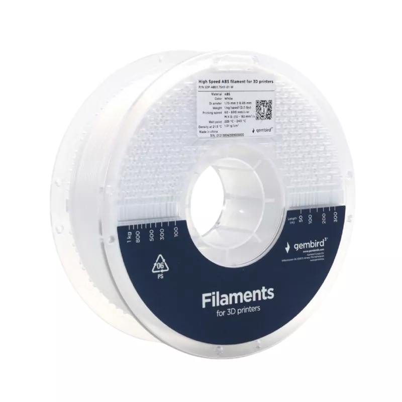 Филамент GEMBIRD ABS 1.75 mm  High Speed Filament White, 1 kg, Gembird, 3DP-ABS1.75HY-01-W