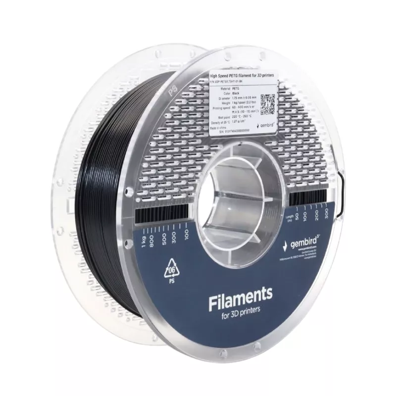 Filament GEMBIRD PETG 1.75 mm, High Speed Filament Gembird Black, 1 kg, 3DP-PETG1.75HY-01-BK