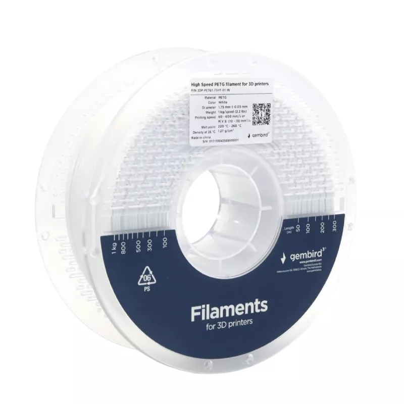 Filament GEMBIRD PETG 1.75 MM, HIGH SPEED FILAMENT  WHITE, 1 KG, 3DP-PETG1.75HY-01-W