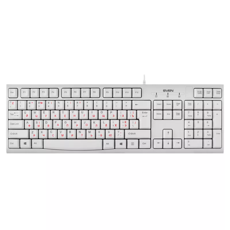Клавиатура беспроводная SVEN SVEN KB-S300, Keyboard, Waterproof design, 104 keys, traditional layout, Comfortable, quiet and precise keystroke, USB, OS compatibility: Windows, MacOS, Linux; White, Rus/Ukr/Eng