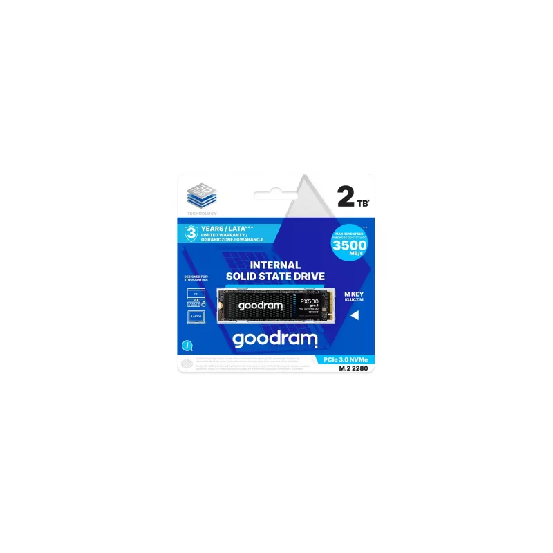 SSD GOODRAM M.2 NVME SSD 2.0TB  PX500 GEN3, INTERFACE: PCIE3.0 X4 / NVME1.4, M2 TYPE 2280 FORM FACTOR, SEQUENTIAL READS/WRITES 3500 MB/S/ 2800 MB/S, RANDOM (4K QD64) READ/WRITE 340K IOPS/ 320K IOPS, TBW: 1024TB, 3D NAND TLC, HEAT-DISSIPATING THERMAL PAD