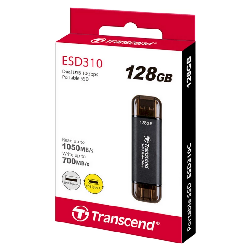 Hard disk extern TRANSCEND .128GB  PORTABLE SSD ESD310C (TS128GESD310C) BLACK, USB-A/C 3.2 GEN 2X1 (71.3X20X7.8 MM, 11G, R/W:1050/950 MB/S)