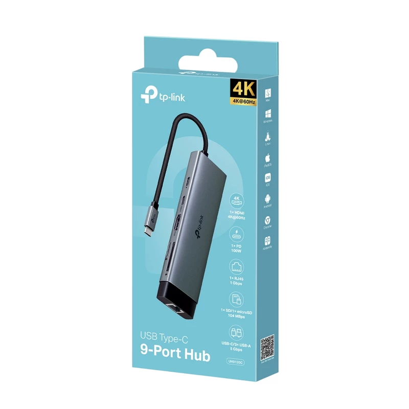 USB Hub TP-LINK USB TYPE-C 9 IN 1 HUB/DOCKING  "UH9120C" (3XUSB3.0, 1XGBE, HDMI 4K@60HZ, 1XTYPE-C/PD 100W, SD, MICROSD, WIN/MAC, METAL)