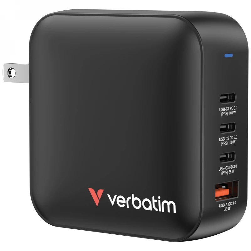Încarcator VERBATIM USB CHARGER  MINI GAN CHARGER 165W, 4 OUTPUT PORTS: 1 X USB-C® PD 140W, 1 X USB-C PD 100W, 1 X USB-C PD 65W AND 1 X USB-A QC 3.0, US PLUG WITH EU AND UK ADAPTORS, FIREPROOF MATERIAL, BLACK