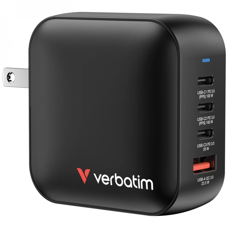 Încarcator VERBATIM USB CHARGER  MINI GAN CHARGER 100W, 4 PORT (3 USB-C PD 3.0, 1 USB-A QC 3.0), US PLUG WITH EU AND UK ADAPTORS, FIREPROOF MATERIAL, BLACK