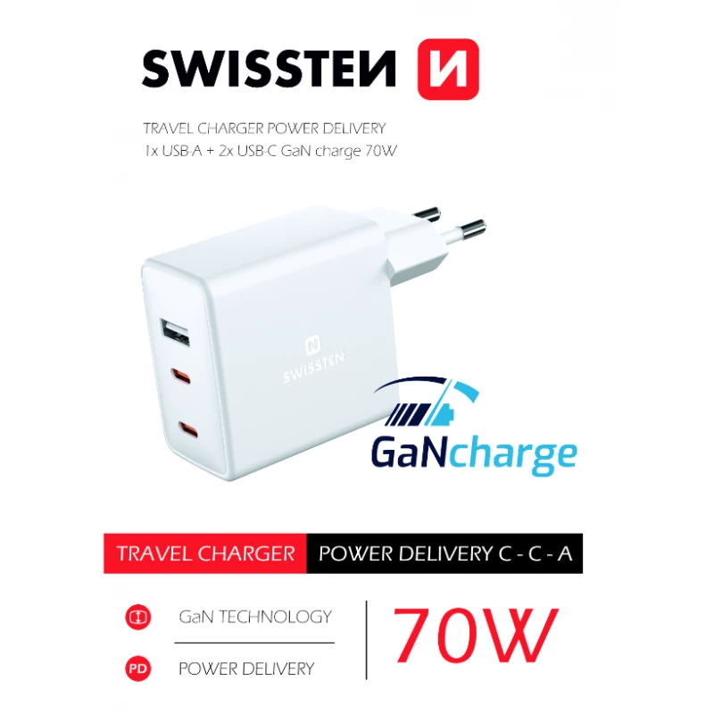 Baterie externa universala Swissten UNIVERSAL HOME CHARGER  GAN 2X USB-C + 1X USB 70W WHITE