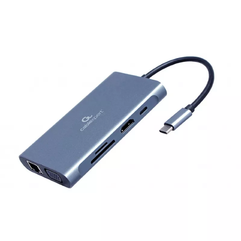 Кабель USB GEMBIRD Gembird  A-CM-COMBO7-01, USB Type-C 7-in-1 multi-port adapter (Hub3.0 + HDMI + VGA + PD + card reader + stereo audio), 3-port USB 3.1 Gen 1 (5 Gbps) hub, 4K HDMI, Gigabit LAN port, SD card reader, PD 3.0 up to 100 W (only charging), space grey,  90g