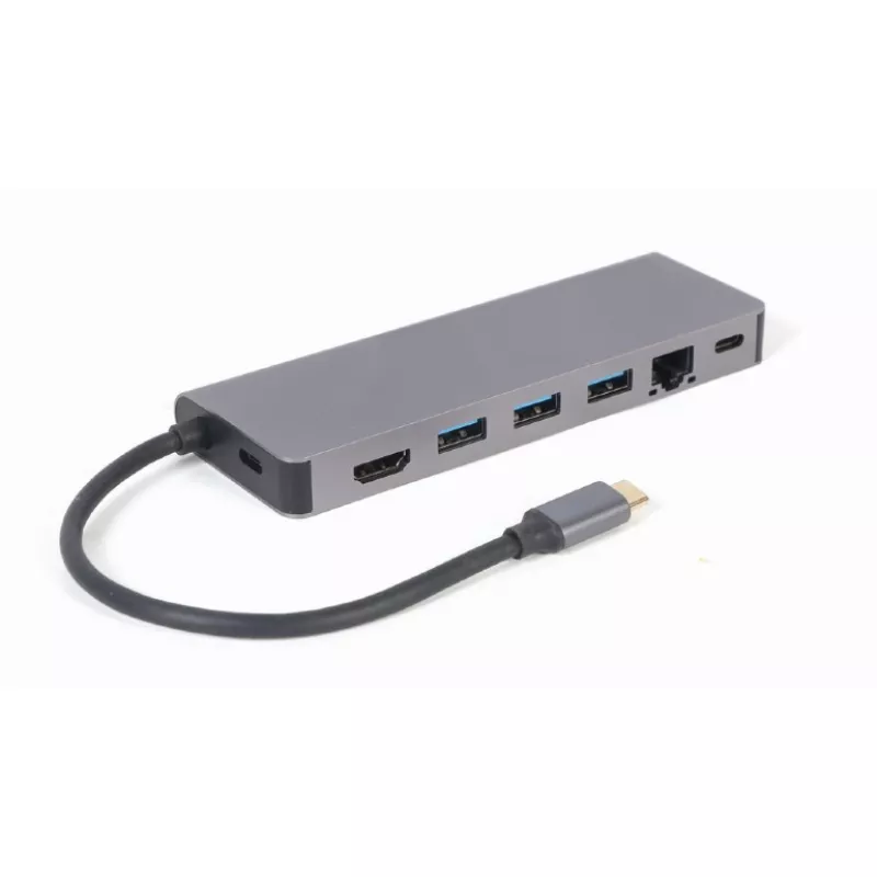 Кабель USB GEMBIRD Gembird  A-CM-COMBO5-05, USB Type-C 5-in-1 multi-port adapter (Hub + HDMI + PD + card reader + LAN),  3-port USB 3.1 Gen 1 (5 Gbps) hub, 4K HDMI, Gigabit LAN port, SD card reader and 100 W USB Type-C Power Delivery port, durable premium style metal h