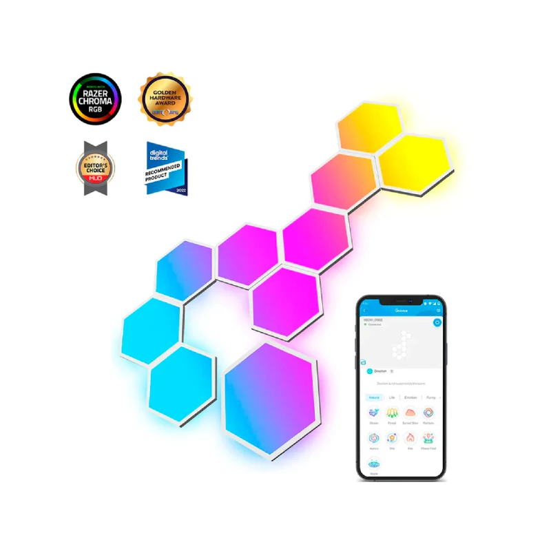 Smart light strip HEXAGON LIGHTS GOVEE GLIDE HEXA LIGHT PANELS 10 PACK, WI-FI + BT, MULTICOLOR, DIFFUSED RGBIC LIGHT EFFECTS, NO HUB REQUIRED, DIY LIGHTING EFFECTS, FLEXIBLE INSTALLATION, 40 PRESET LIGHTING EFFECTS, CUSTOMIZABLE DESIGN LAYOUT, APP, CONTROL BOX, VOICE