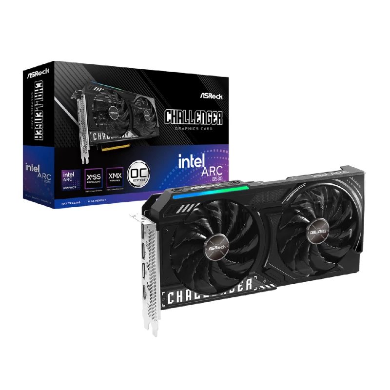 Placa video INTEL ASROCK CHALLENGER  ARC B580 12GB OC GDDR6 192BIT 2740/19000 MHZ, 1XHDMI 2.1A, 3XDP 2.1, ® XE2 HPG ARCHITECTURE, DUAL FAN DESIGN, STRIPED AXIAL FAN, PCIE4.0, STYLISH METAL BACKPLATE, LED INDICATOR, 0DB SILENT COOLING, 1X8PIN, SUPER ALLOY GRA