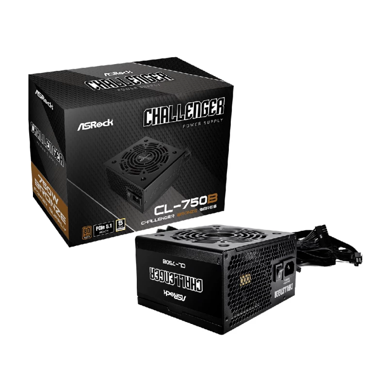Sursa de alimentare PC ASROCK CHALLENGER "CL-750B", 750W, PCIE5.1 READY, 80 PLUS® BRONZE, 120MM GOLF-BLADE FAN, BUILT-IN 5V BOOST FUNCTION, +12V (62.5A), 20+4 PIN, 2XCPU(4+4PIN), 4X SATA, 2XPCI-E(6+2PIN), 2X PERIPHERAL, OCP/SCP/OVP/UVP/OTP/OPP, BLACK CL-750B