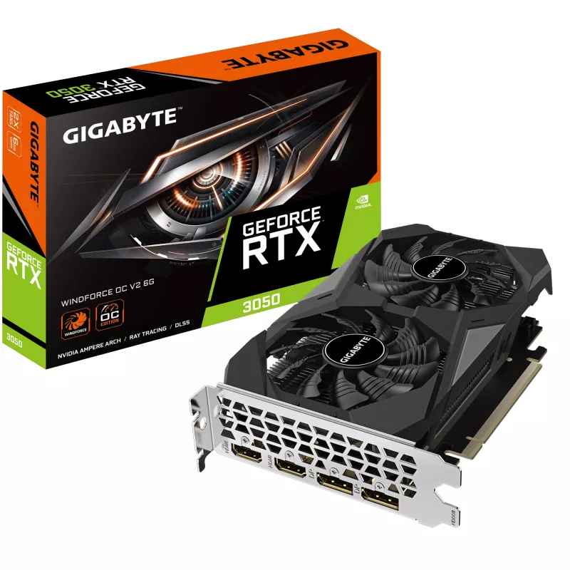 Placa video GIGABYTE GIGABYTE GeForce RTX™ 3050 WINDFORCE OC V2 6G / 6GB GDDR6 96bit, 1477/14000MHz, CUDA 2304, Dual Fan, PCIeX16 4.0, 2xHDMI, 2xDP, WindForce Cooling System, 2x Unique Blade Fans, Alternate Spinning, 3D Active Fan, Black, Retail