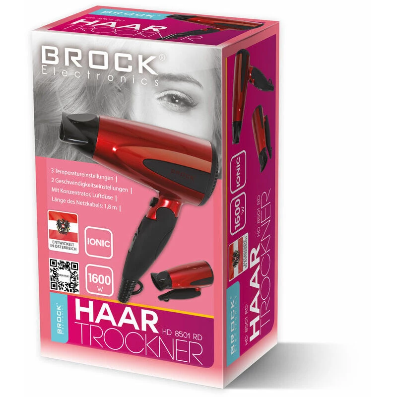 Фен ESPERANZA Hair Dryer BROCK HD 8501 RD, 1600W, 2 power levels, 2 speeds, Cold air button, Ionisation function, enables faster drying, reduces static electricity, prevents hair damage, Modern design, Folding handle, Hanging loop