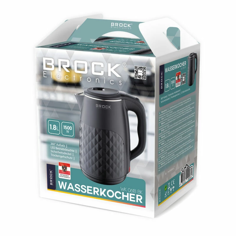 Ceainic electric Brock KETTLE WK 0618 BK, 1500W, 1.8L, KETTLE WITH 360° BASE. HIDDEN HEATING ELEMENT. SAFETY LOCK COVER. AUTOMATIC AND MANUAL ON/OFF. PROTECTION AGAINST BOILING LED OPERATION LIGHT. STAINLESS STEEL BODY.