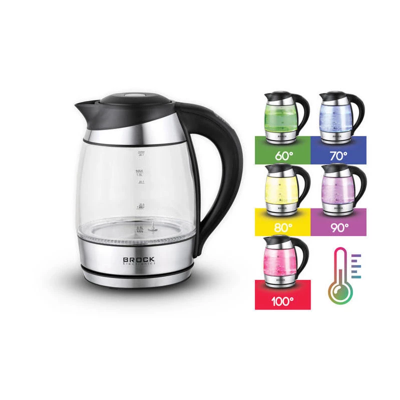 Ceainic electric Brock KETTLE WK 2106 LL, GLASS BLACK WITH LED LIGHT AND TEMPERATURE CONTROLLER 2200W, 1.8L, THE KETTLE WILL HEAT THE WATER UP TO 60°C, 70°C, 80°C AND 90°C. CONCEALED HEATING ELEMENT, 360° SWIVEL BASE, AUTO SHUT-OFF AFTER BOILING