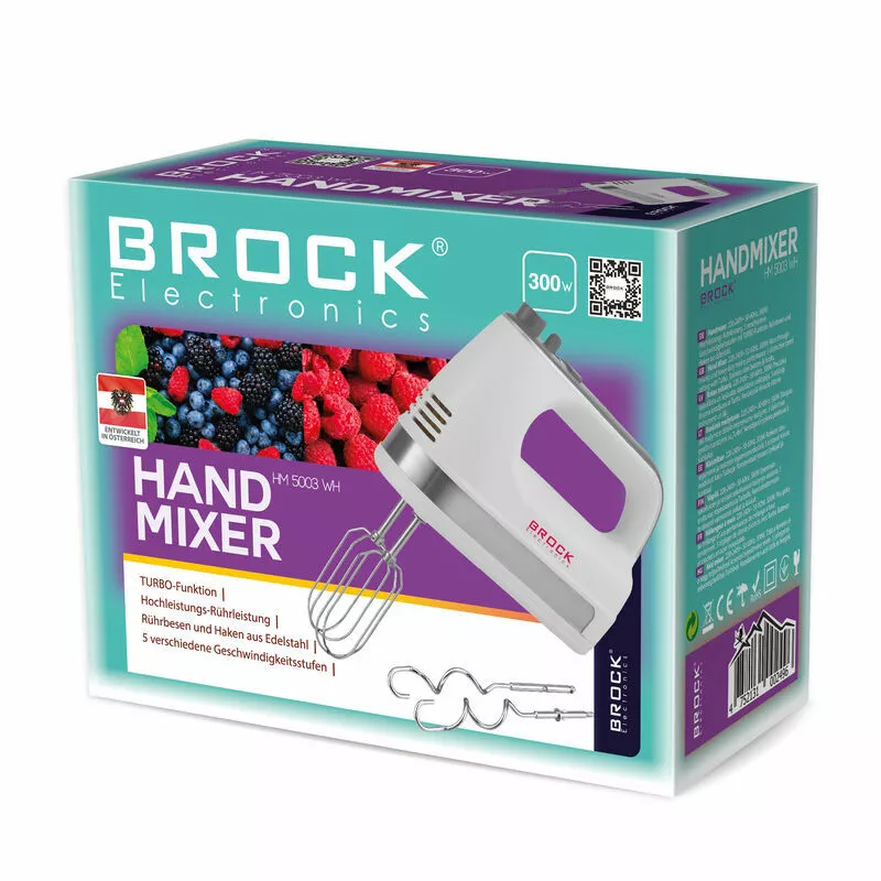 Mixer Brock HAND MIXER HM 5003 WH 300W, MORE PRECISE BLENDING AND HEAVY-DUTY BLENDING PERFORMANCE. 5 DIFFERENT SPEED SETTINGS WITH TURBO. STAINLESS STEEL PERCUSSION INSTRUMENTS AND HOOKS.